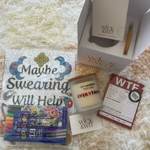 Funny Self-Care Gift Bundle – Wick & Wit Candle + WTF Notepad + Coloring Set